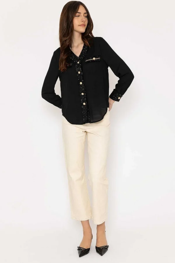 Elli White Black Fabric Detail Blouse*Women Tops & Blouses