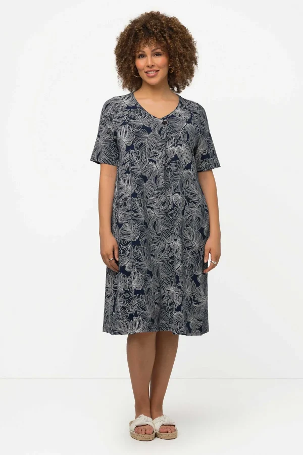 Ulla Popken Black Monstera Print Short Sleeve Midi Dress*Women Dresses
