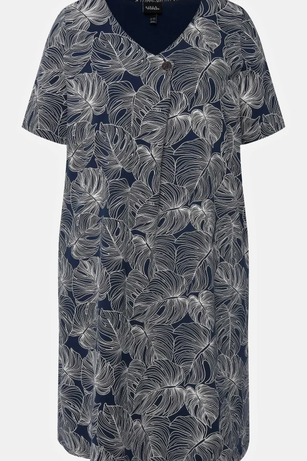 Ulla Popken Black Monstera Print Short Sleeve Midi Dress*Women Dresses