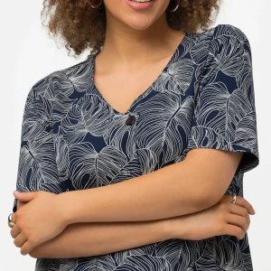 Ulla Popken Black Monstera Print Short Sleeve Midi Dress*Women Dresses