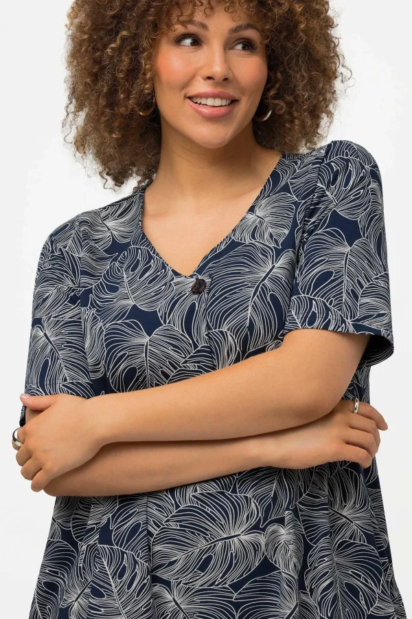 Ulla Popken Black Monstera Print Short Sleeve Midi Dress*Women Dresses