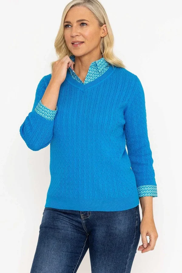 Voulez Vous Blue Cable Knit Sweater With Shirt Collar*Women Jumpers & Cardigans