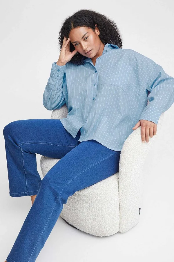 Simple Wish Blue Cotton Long Sleeve Shirt*Women Tops & Blouses