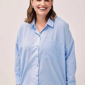 Simple Wish Blue Cotton Long Sleeve Shirt*Women Tops & Blouses
