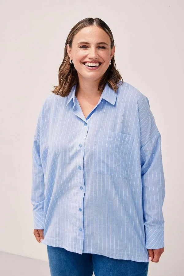 Simple Wish Blue Cotton Long Sleeve Shirt*Women Tops & Blouses