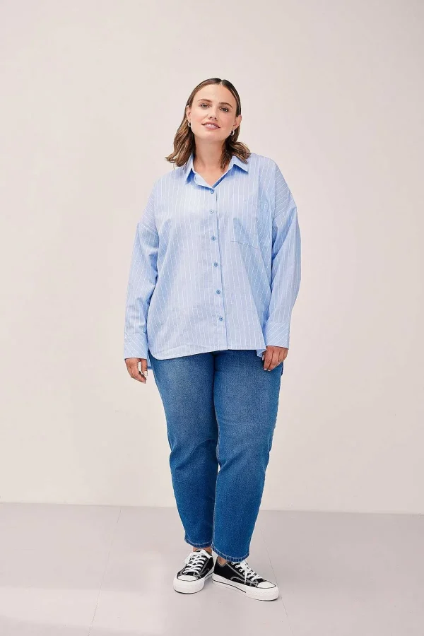 Simple Wish Blue Cotton Long Sleeve Shirt*Women Tops & Blouses