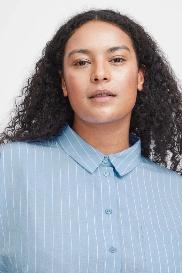 Simple Wish Blue Cotton Long Sleeve Shirt*Women Tops & Blouses