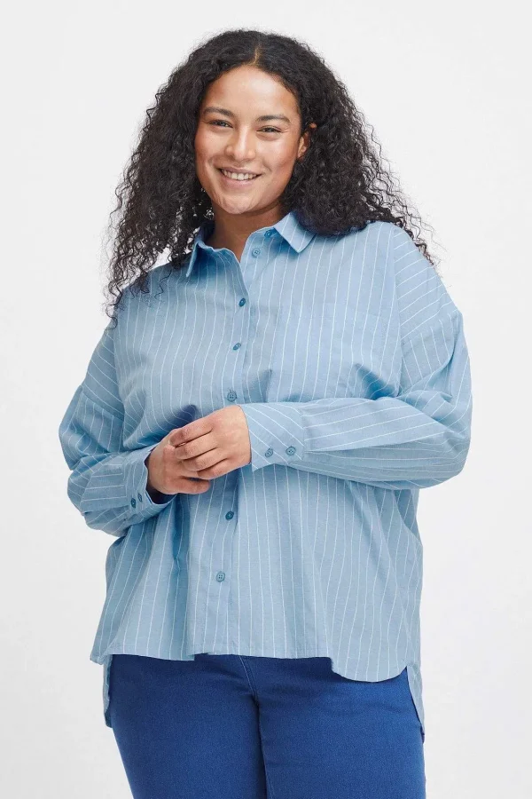 Simple Wish Blue Cotton Long Sleeve Shirt*Women Tops & Blouses
