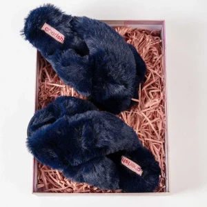 Cherish Accessories Boxed Navy Faux Fur Quilted Slippers*Women Nightwear