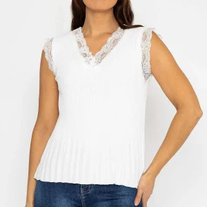 Pala D'oro Cap Sleeve Lace Trim Pleated Top In Ecru*Women Tops & Blouses
