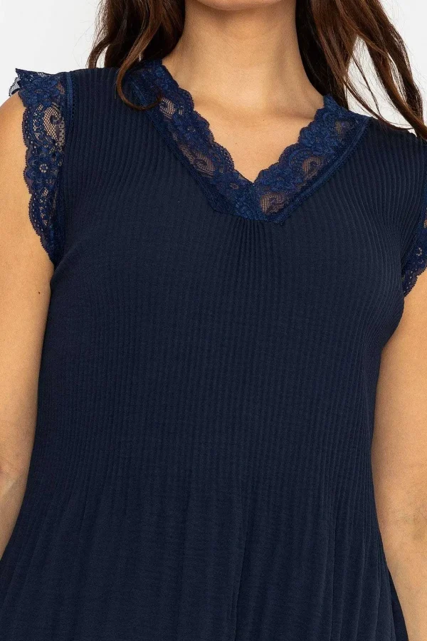 Pala D'oro Cap Sleeve Lace Trim Pleated Top In Navy*Women Tops & Blouses