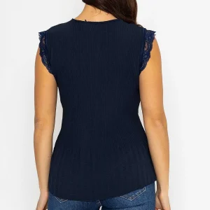 Pala D'oro Cap Sleeve Lace Trim Pleated Top In Navy*Women Tops & Blouses