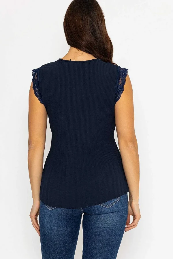Pala D'oro Cap Sleeve Lace Trim Pleated Top In Navy*Women Tops & Blouses