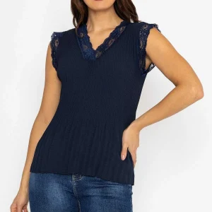 Pala D'oro Cap Sleeve Lace Trim Pleated Top In Navy*Women Tops & Blouses