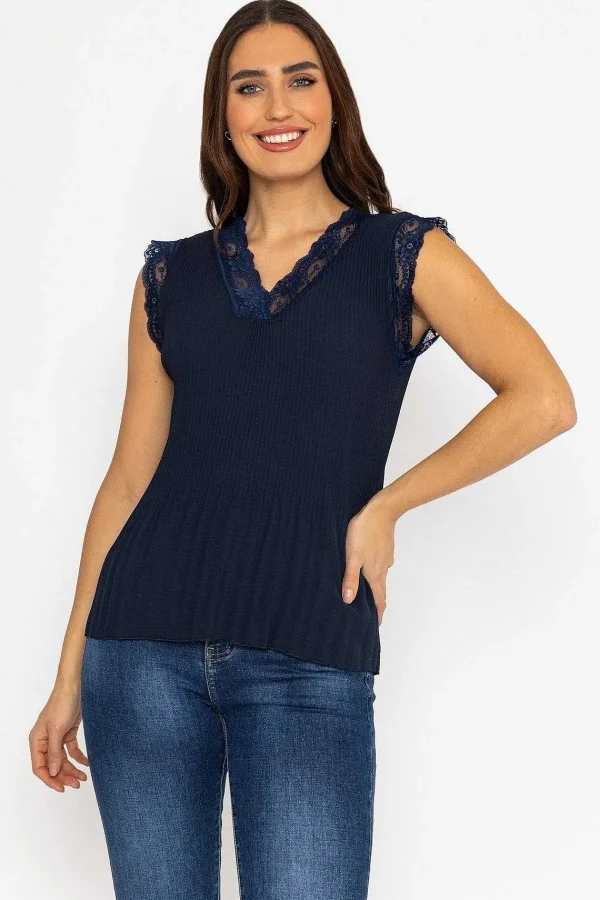 Pala D'oro Cap Sleeve Lace Trim Pleated Top In Navy*Women Tops & Blouses