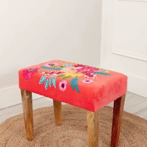 Carraig Donn HOME Coral Velvet Embroidered Floral Foot Stool* Homeware