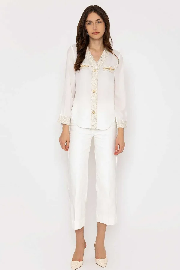 Elli White Cream Fabric Detail Blouse*Women Tops & Blouses