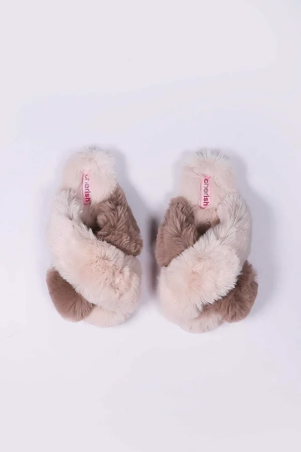 Cherish Accessories Cream Faux Fur Contrast Slippers*Women Nightwear