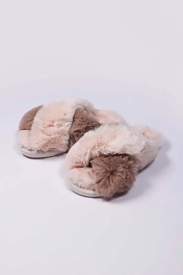 Cherish Accessories Cream Faux Fur Contrast Slippers*Women Nightwear