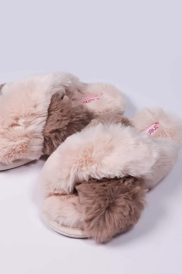 Cherish Accessories Cream Faux Fur Contrast Slippers*Women Nightwear