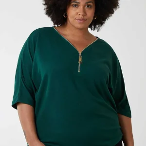 Nova of London Curve - Plain Zip Front Top In Green*Women Tops & Blouses