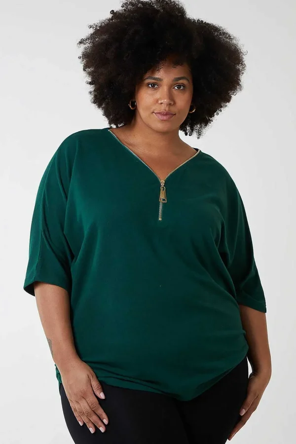 Nova of London Curve - Plain Zip Front Top In Green*Women Tops & Blouses