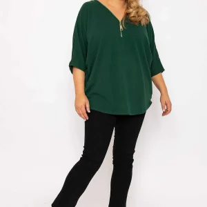 Nova of London Curve - Plain Zip Front Top In Green*Women Tops & Blouses