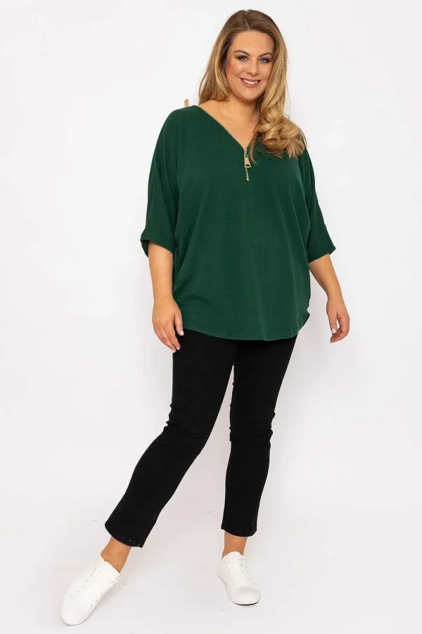 Nova of London Curve - Plain Zip Front Top In Green*Women Tops & Blouses