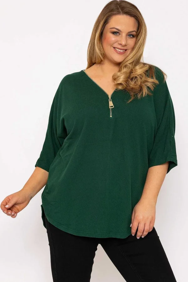 Nova of London Curve - Plain Zip Front Top In Green*Women Tops & Blouses