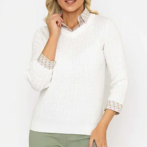 Voulez Vous Ecru Cable Knit Sweater With Shirt Collar & Cuffs*Women Tops & Blouses