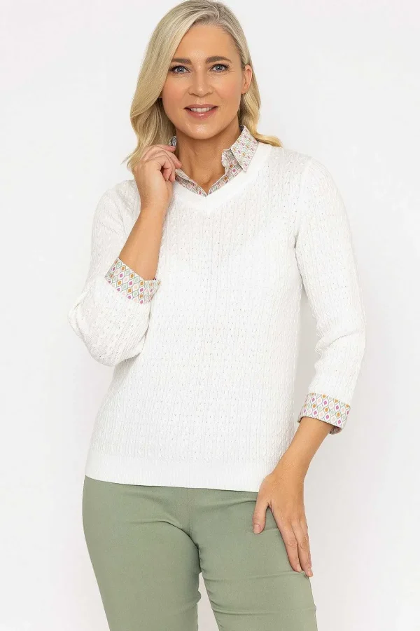 Voulez Vous Ecru Cable Knit Sweater With Shirt Collar & Cuffs*Women Tops & Blouses