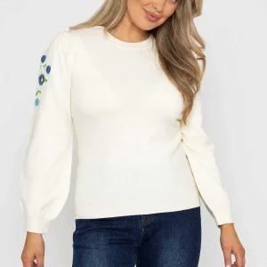 Kelly & Grace Weekend Embroidered Sleeve Knit In Ecru*Women Jumpers & Cardigans