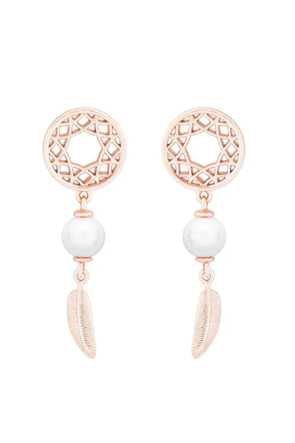 Tipperary Crystal Jewellery Feather & Pearl Boho Earrings In Rose Gold* Earrings