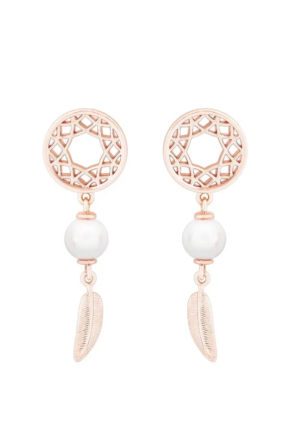 Tipperary Crystal Jewellery Feather & Pearl Boho Earrings In Rose Gold* Earrings