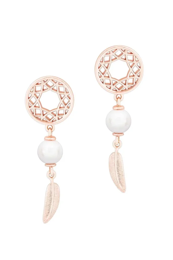 Tipperary Crystal Jewellery Feather & Pearl Boho Earrings In Rose Gold* Earrings