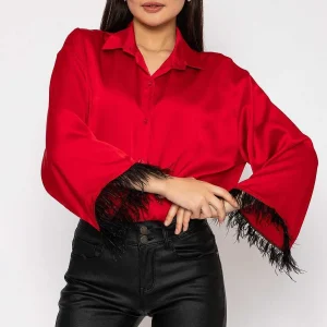 Pala D'oro Feather Cuff Shirt In Red*Women Tops & Blouses