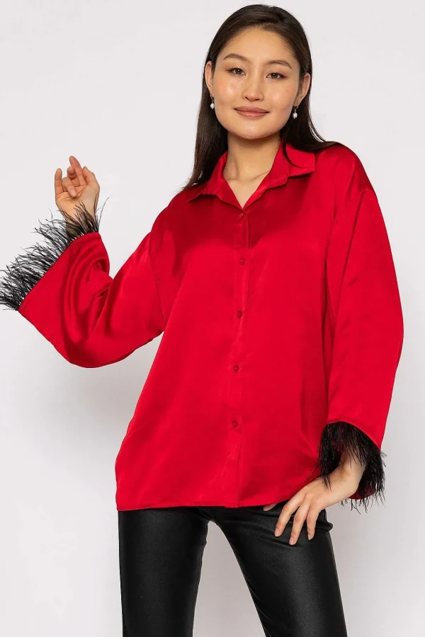 Pala D'oro Feather Cuff Shirt In Red*Women Tops & Blouses