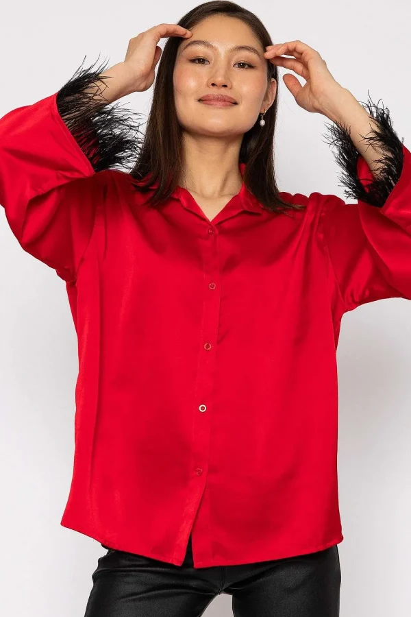 Pala D'oro Feather Cuff Shirt In Red*Women Tops & Blouses