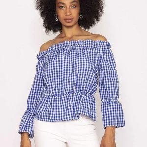 Nova of London Gingham Bardot Top In Blue*Women Tops & Blouses