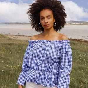 Nova of London Gingham Bardot Top In Blue*Women Tops & Blouses