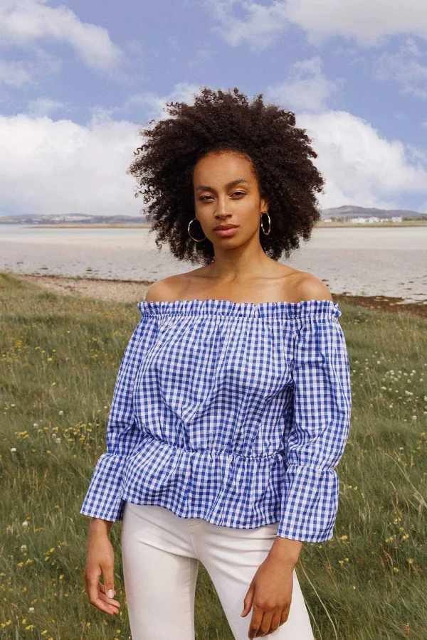 Nova of London Gingham Bardot Top In Blue*Women Tops & Blouses