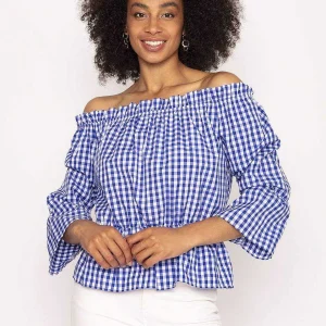 Nova of London Gingham Bardot Top In Blue*Women Tops & Blouses
