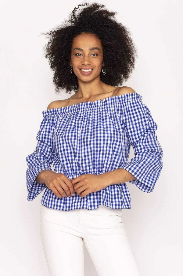 Nova of London Gingham Bardot Top In Blue*Women Tops & Blouses