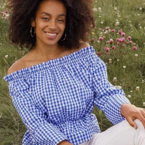 Nova of London Gingham Bardot Top In Blue*Women Tops & Blouses