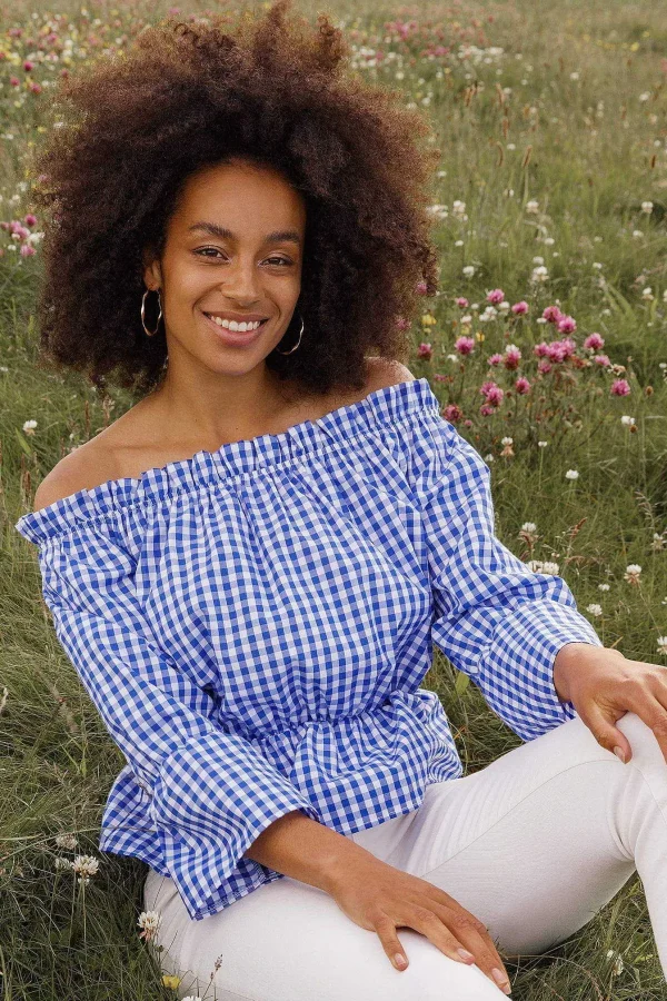 Nova of London Gingham Bardot Top In Blue*Women Tops & Blouses