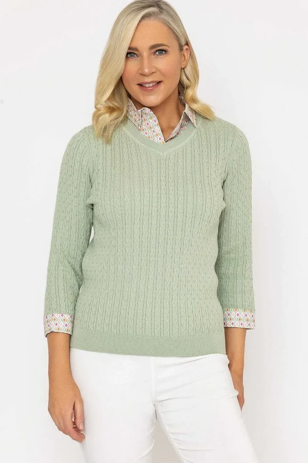 Voulez Vous Green Cable Knit Sweater With Shirt Collar & Cuffs*Women Tops & Blouses