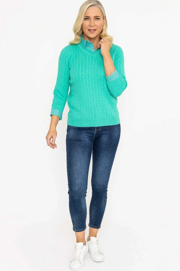 Voulez Vous Green Cable Knit Sweater With Shirt Collar*Women Jumpers & Cardigans