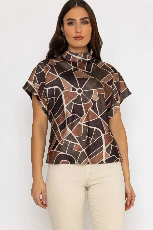 Pala D'oro High Neck Sateen Top In Khaki Print*Women Tops & Blouses