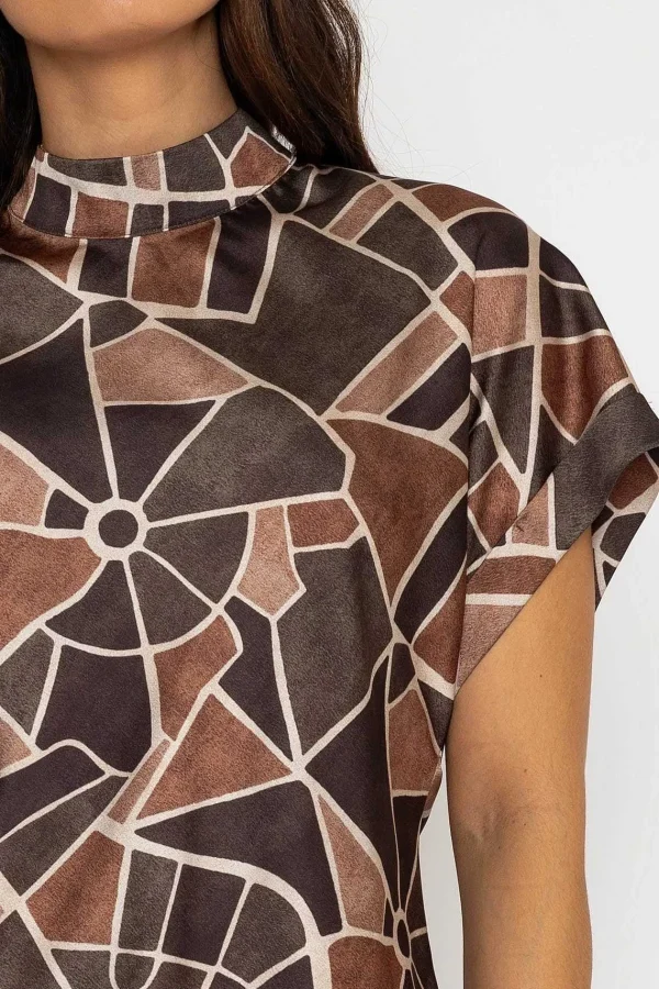Pala D'oro High Neck Sateen Top In Khaki Print*Women Tops & Blouses