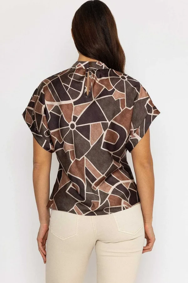 Pala D'oro High Neck Sateen Top In Khaki Print*Women Tops & Blouses